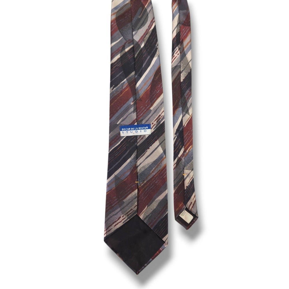 Oscar De La Renta Studio Silk Necktie Abstract Stripe USA Burgundy Gray OS - Picture 3 of 6